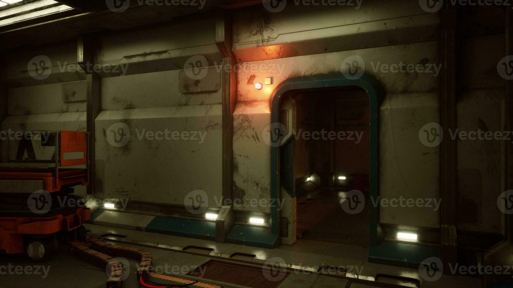 inside of a space station with metallic walls and subdued lighting photo