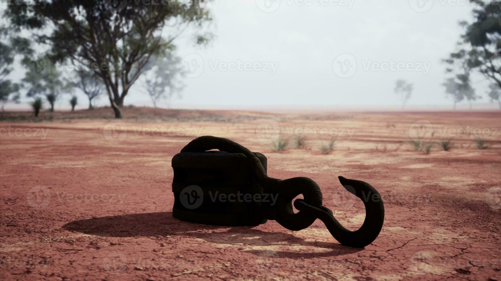 A rusty metal hook on a vibrant red dirt road photo