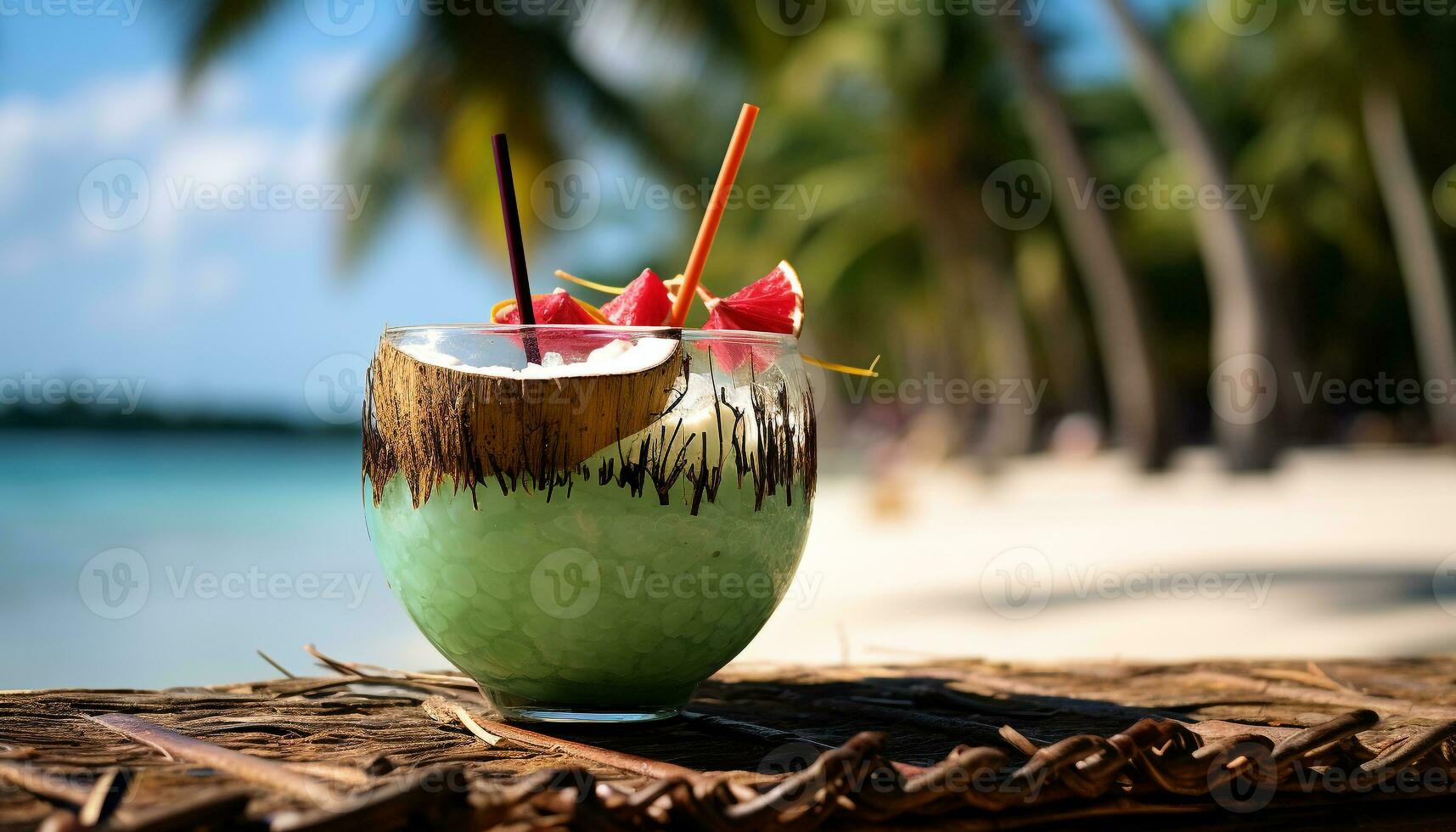 ai generado tropical línea costera, azul agua, palma arboles verano vacaciones paraíso generado por ai foto