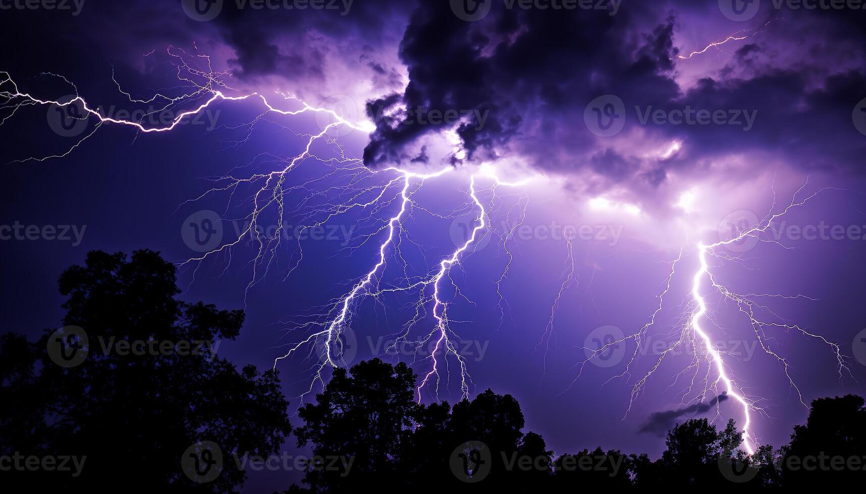 AI generated Bright blue sky, dark silhouette tree, vibrant lightning bolt generated by AI photo