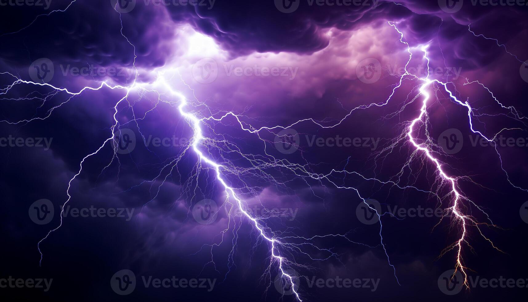 AI generated Bright blue sky, dark silhouette tree, vibrant lightning bolt generated by AI photo