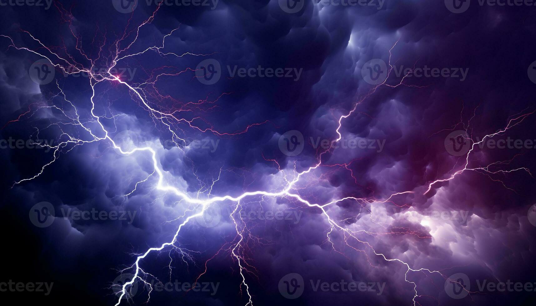 AI generated Bright blue sky, dark silhouette tree, vibrant lightning bolt generated by AI photo