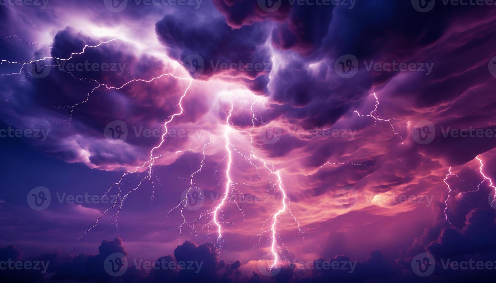 AI generated Bright blue sky, dark silhouette tree, vibrant lightning bolt generated by AI photo