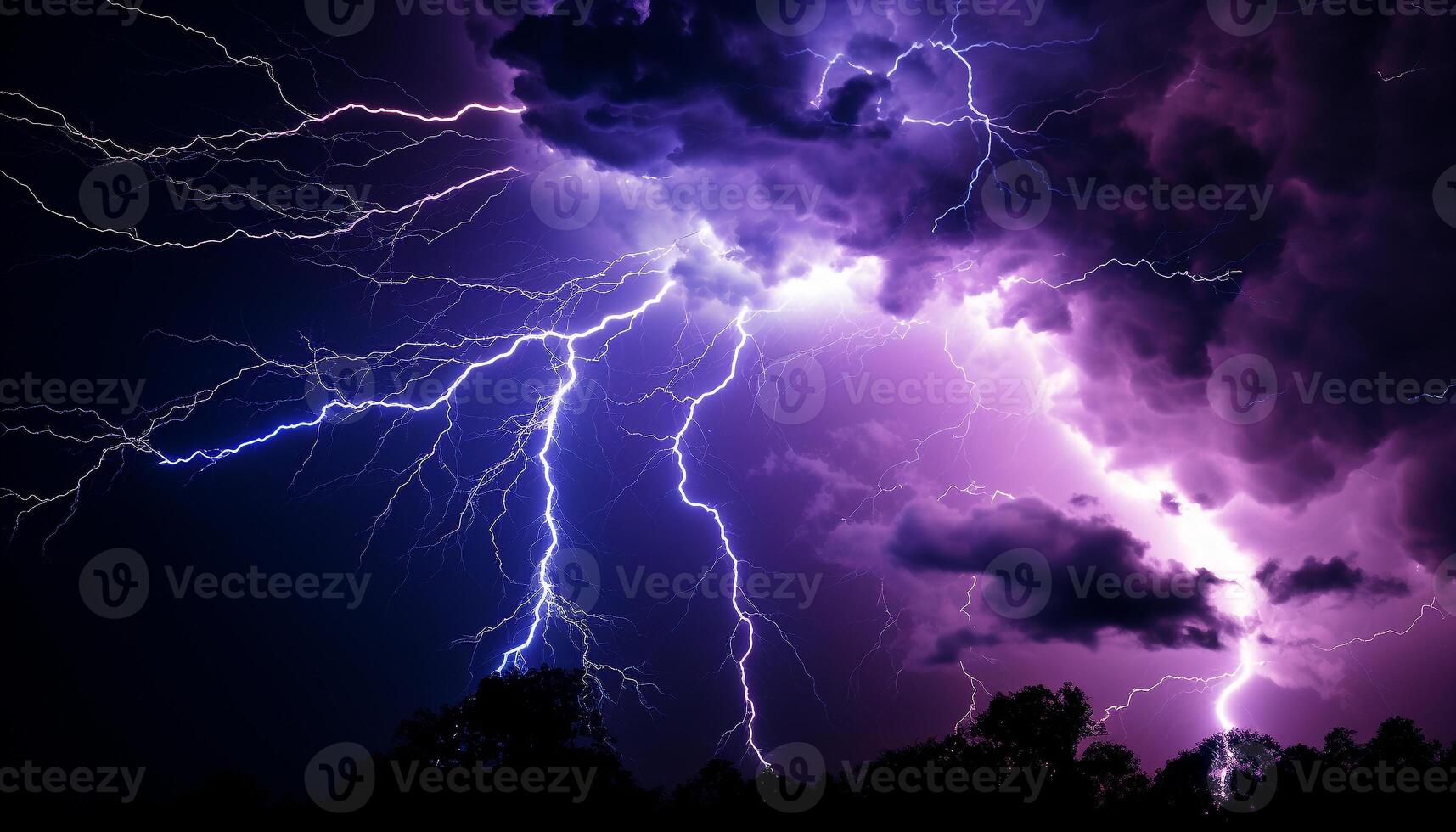 AI generated Bright blue sky, dark silhouette tree, vibrant lightning bolt generated by AI photo