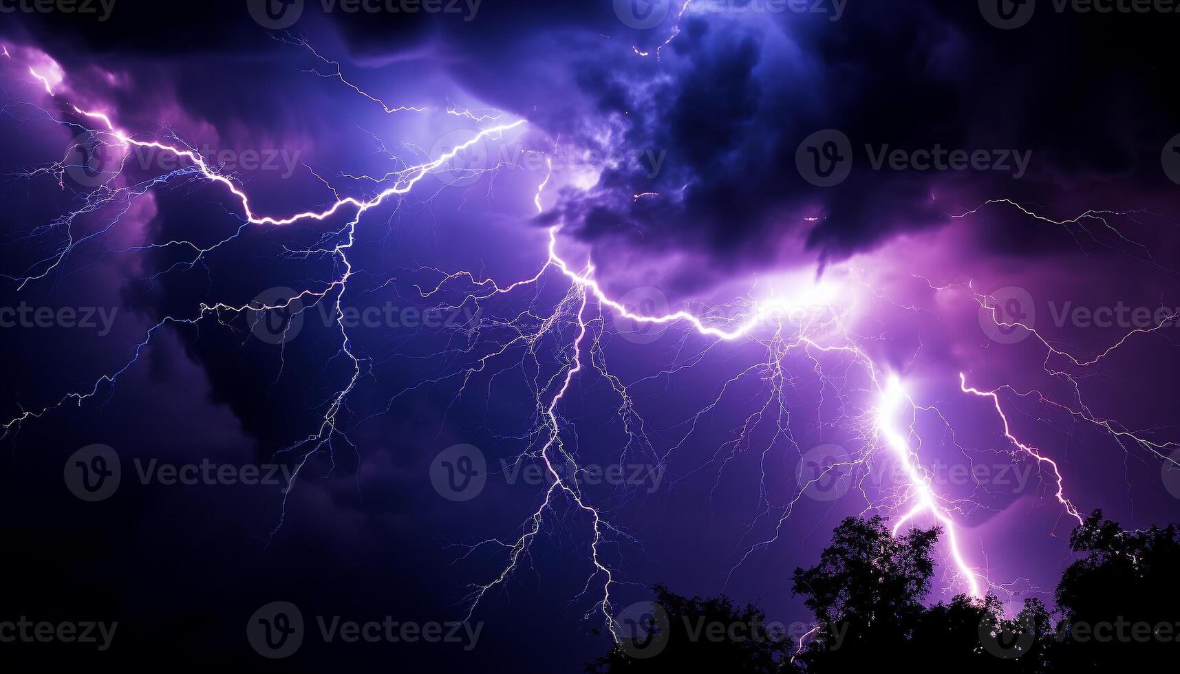 AI generated Bright blue sky, dark silhouette tree, vibrant lightning bolt generated by AI photo