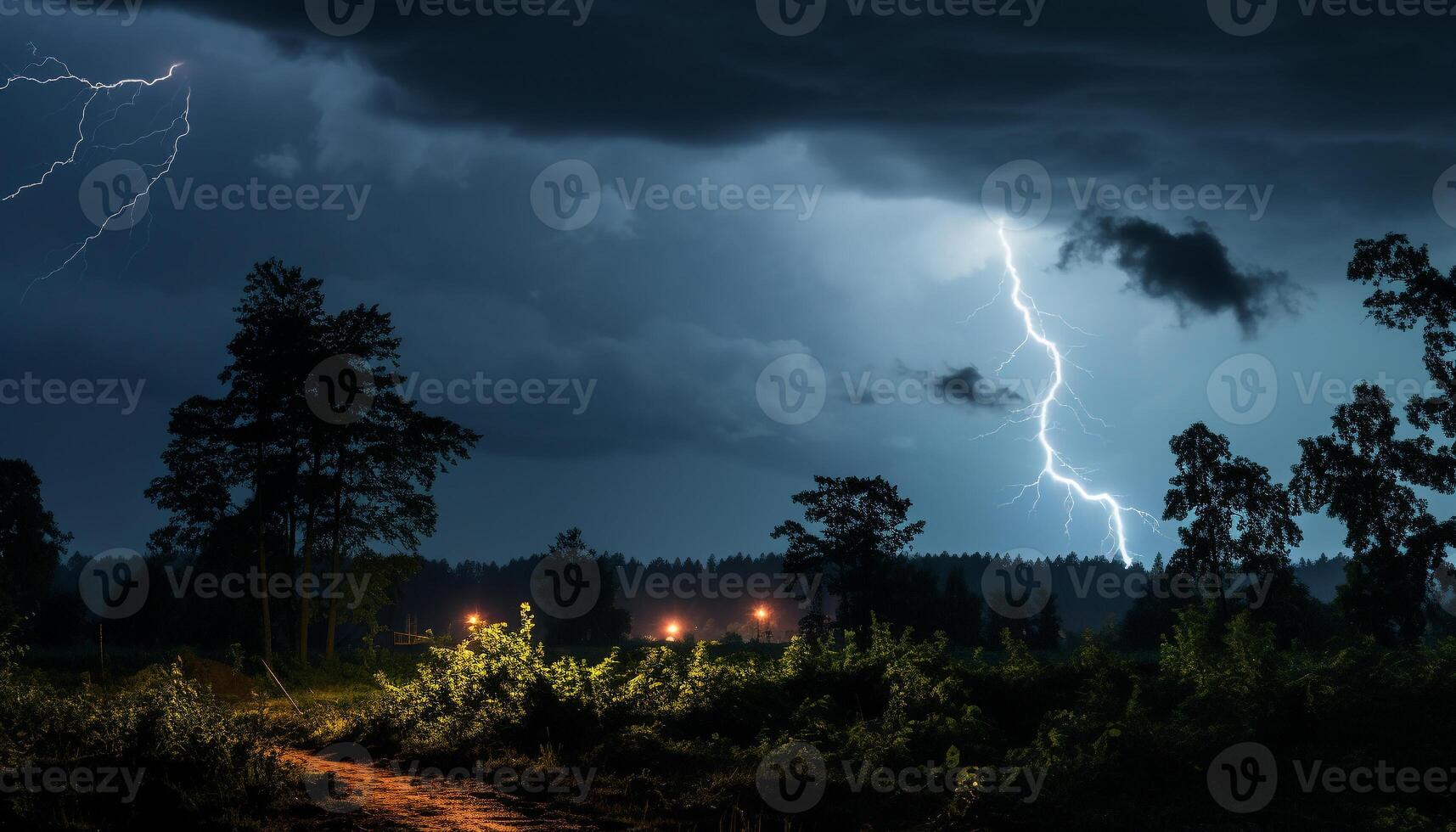 ai generado brillante azul cielo, oscuro silueta árbol, vibrante relámpago tornillo generado por ai foto