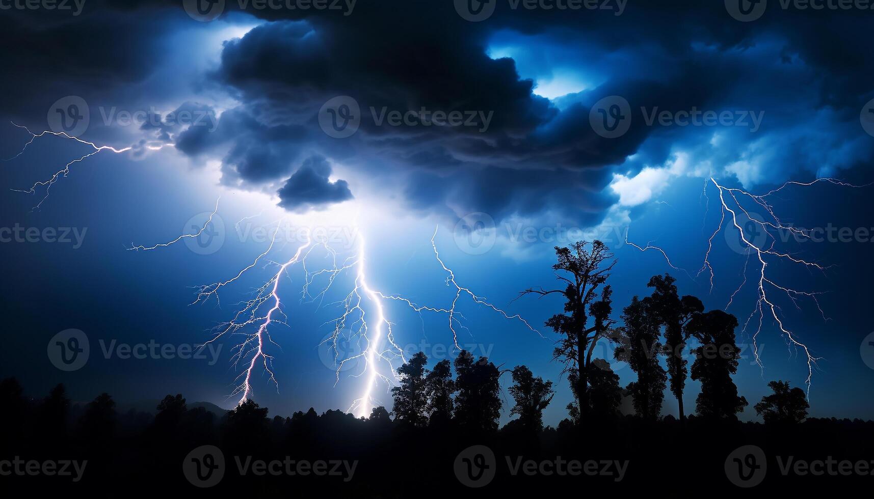 AI generated Bright blue sky, dark silhouette tree, vibrant lightning bolt generated by AI photo