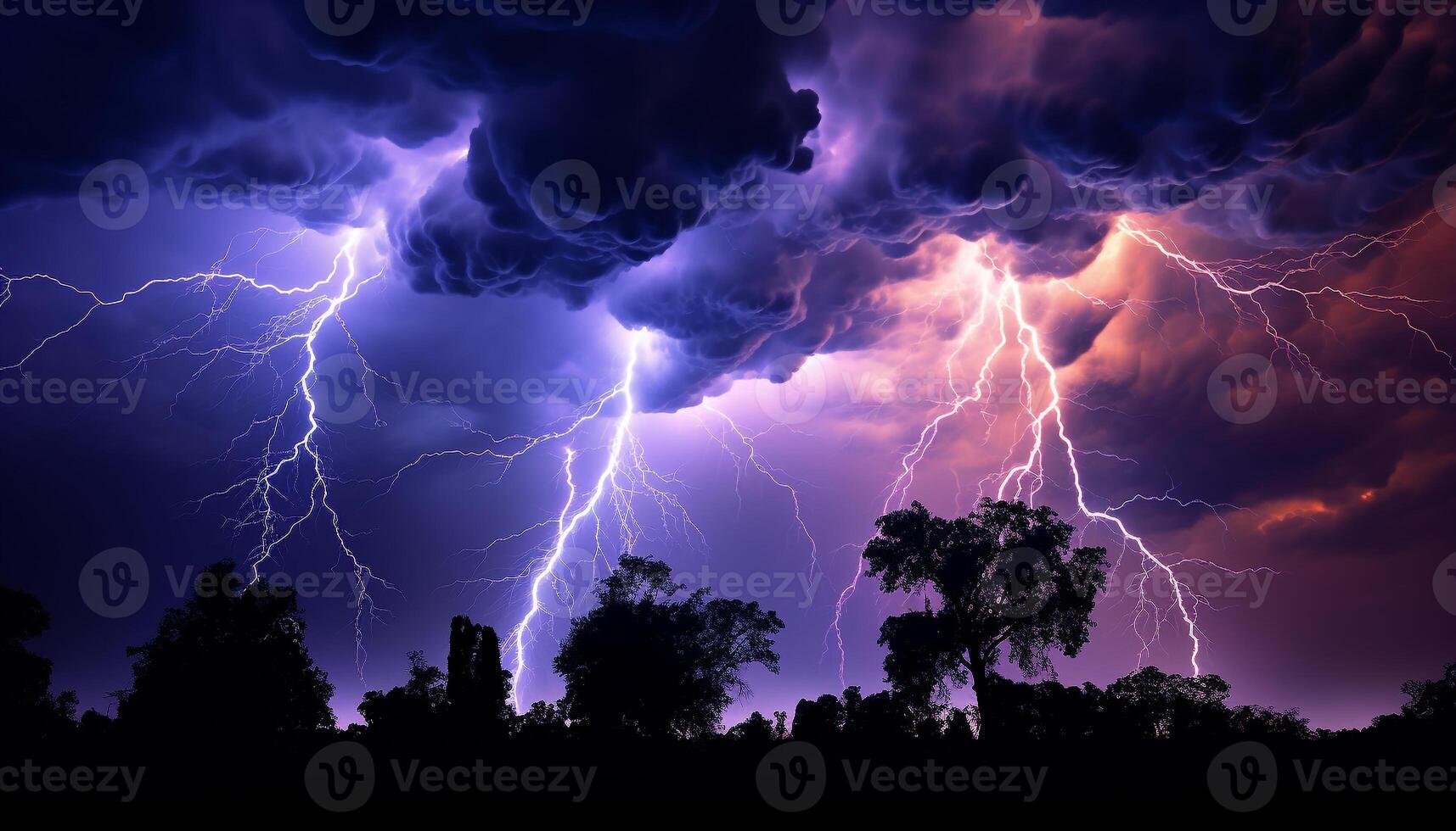 AI generated Bright blue sky, dark silhouette tree, vibrant lightning bolt generated by AI photo