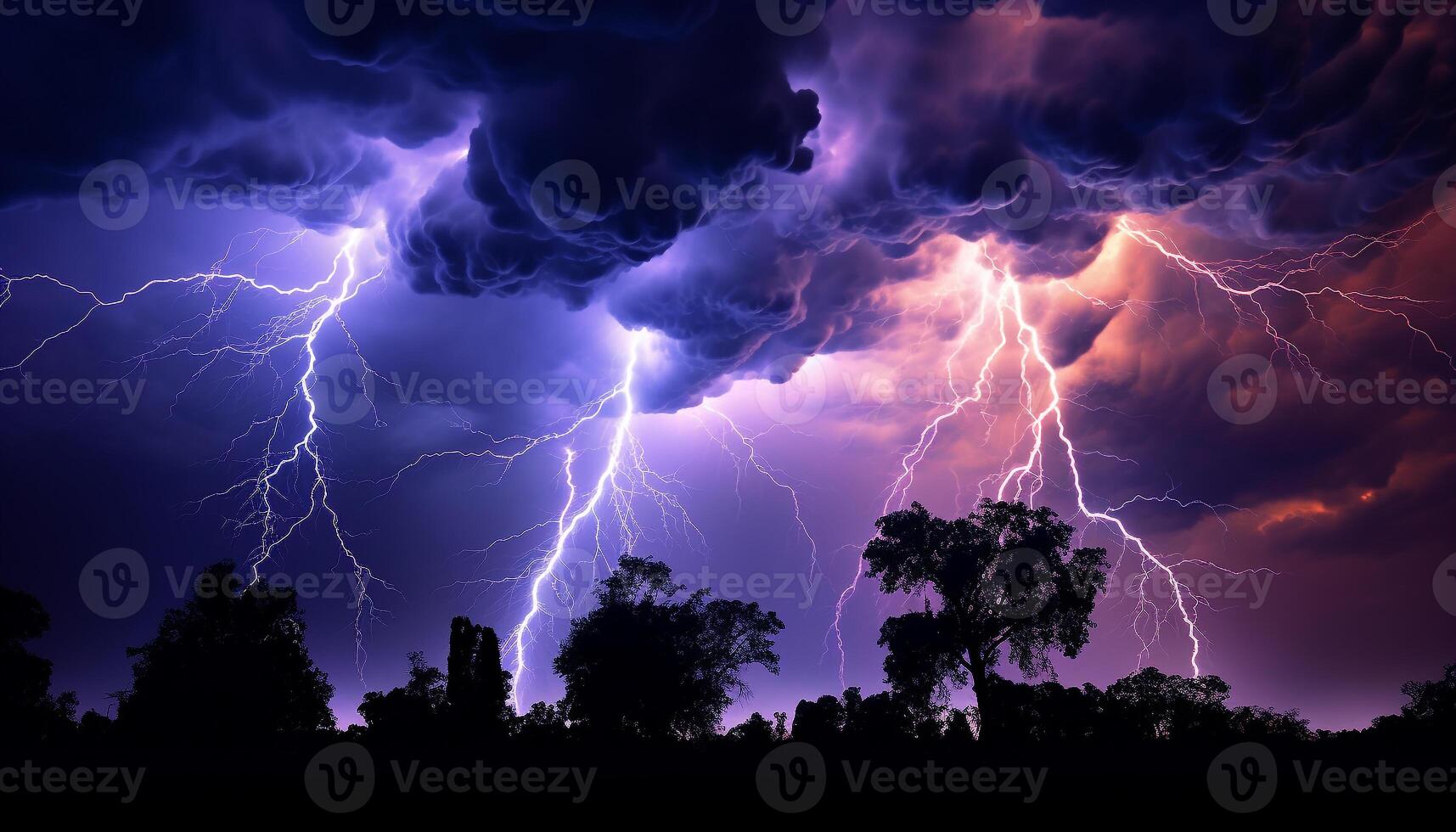 ai generado brillante azul cielo, oscuro silueta árbol, vibrante relámpago tornillo generado por ai foto