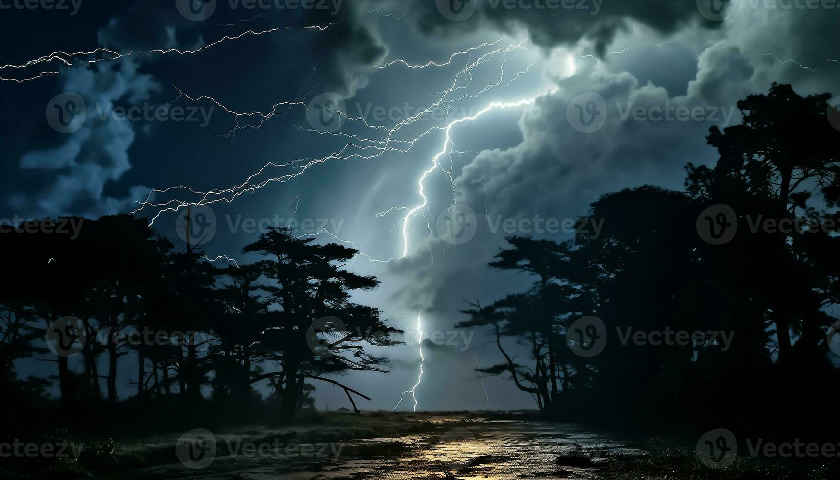 AI generated Bright blue sky, dark silhouette tree, vibrant lightning bolt generated by AI photo