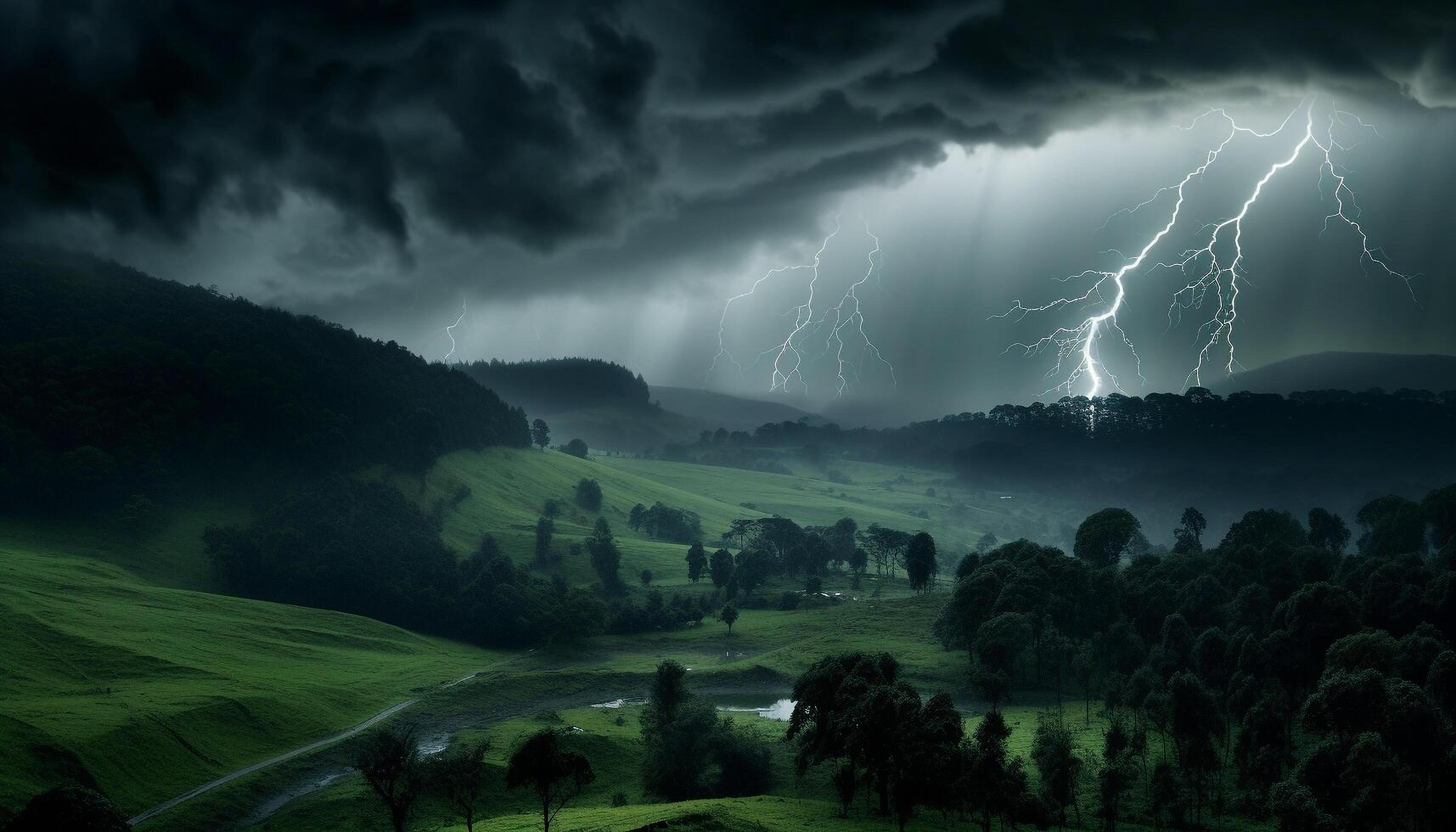 AI generated Dramatic sky, dark night, thunderstorm, majestic mountains, wet grass generated by AI photo