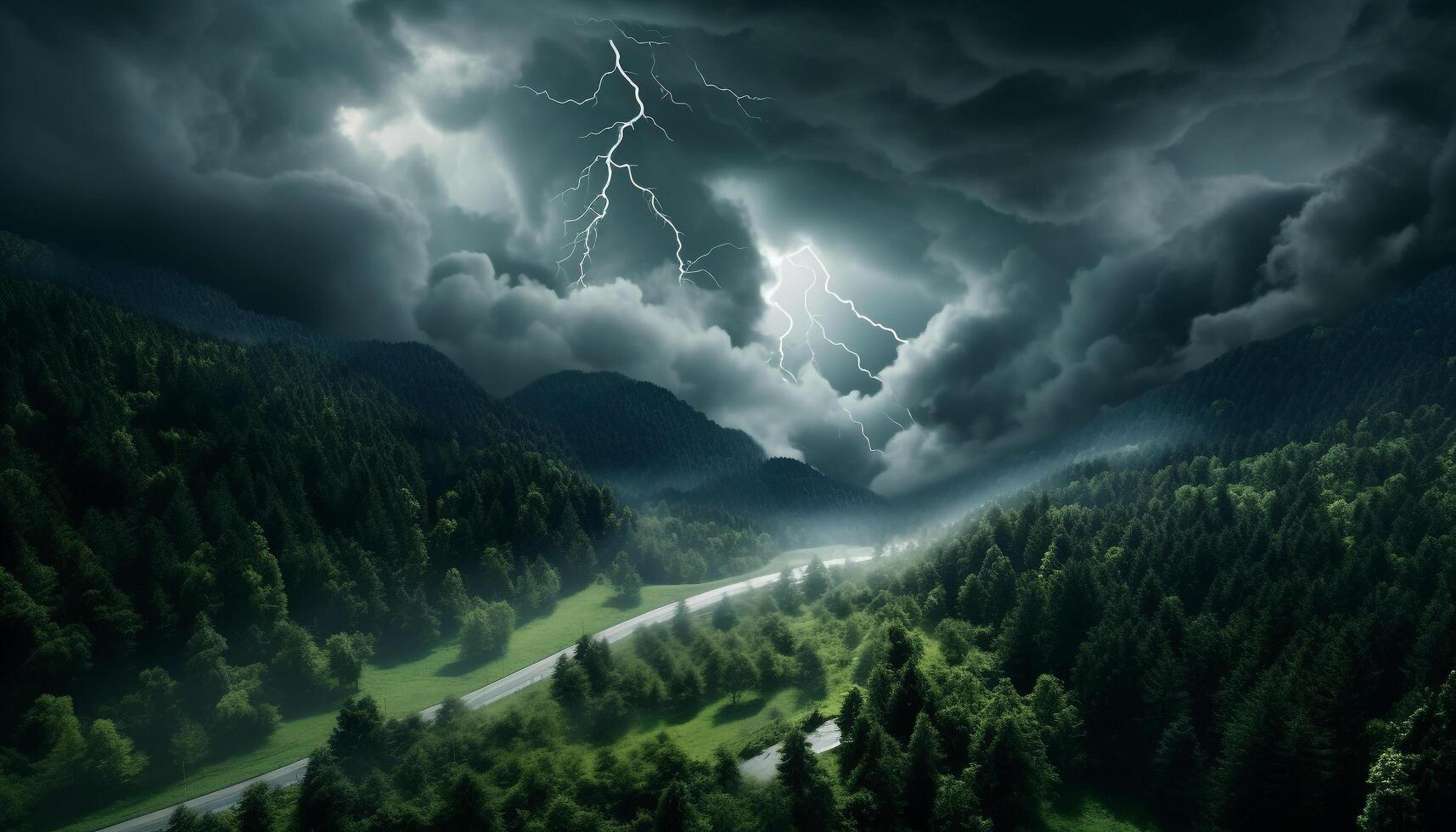 AI generated Dramatic sky, dark night, thunderstorm, majestic mountains, wet grass generated by AI photo