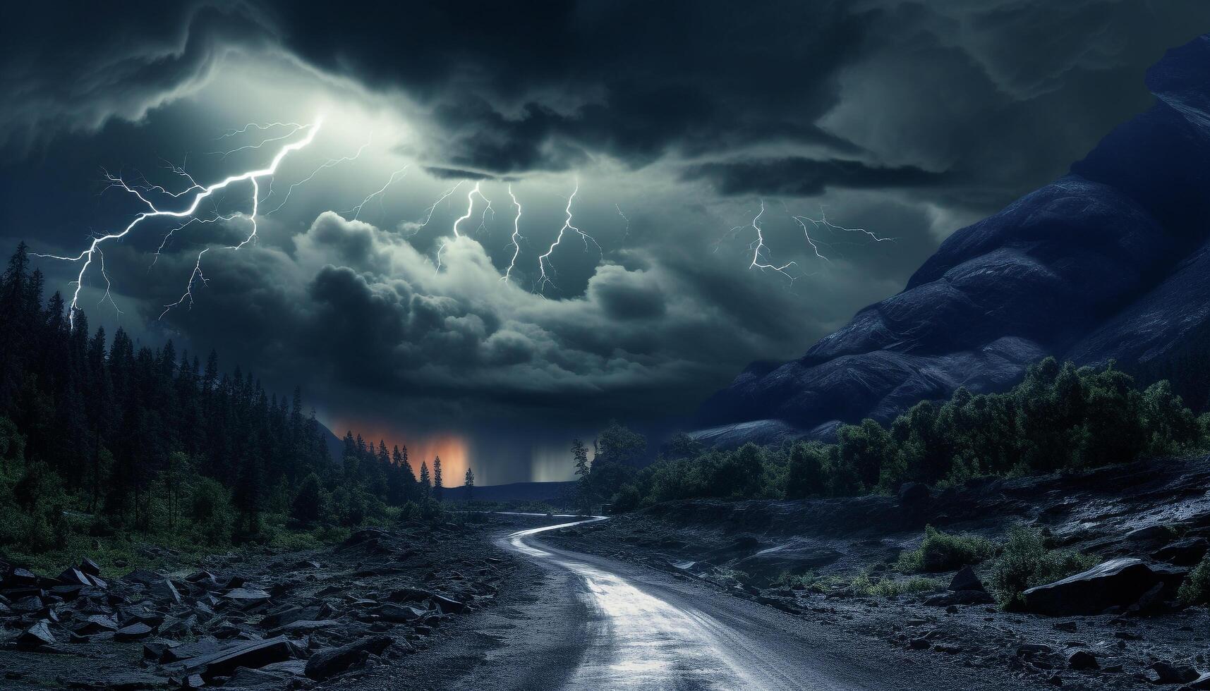 AI generated Dramatic sky, dark night, thunderstorm, majestic mountains, wet grass generated by AI photo