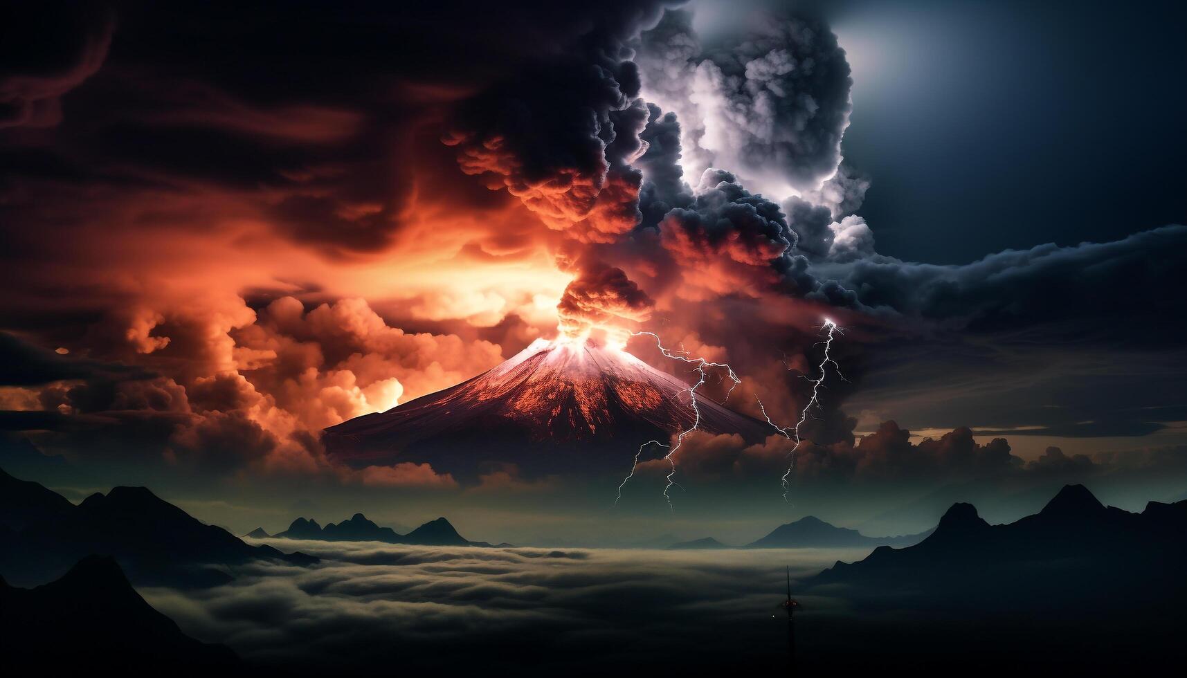 AI generated Dramatic sky, dark night, thunderstorm, majestic mountains, wet grass generated by AI photo