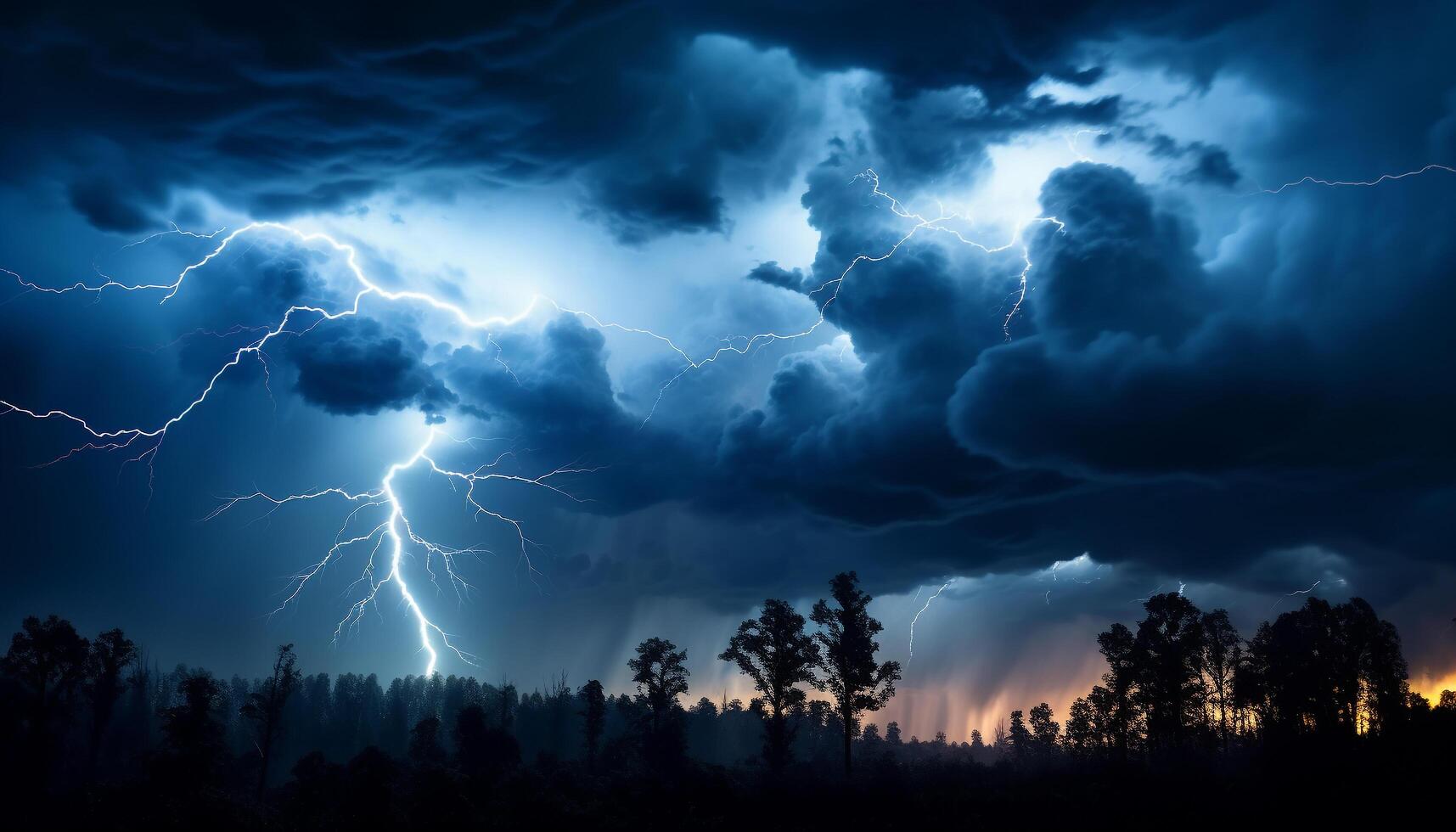 AI generated Dramatic sky, dark night, thunderstorm, majestic mountains, wet grass generated by AI photo