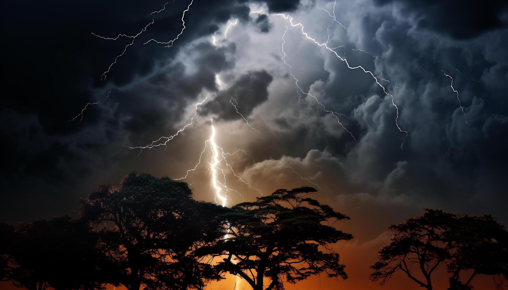 AI generated Dramatic sky, dark night, thunderstorm, majestic mountains, wet grass generated by AI photo