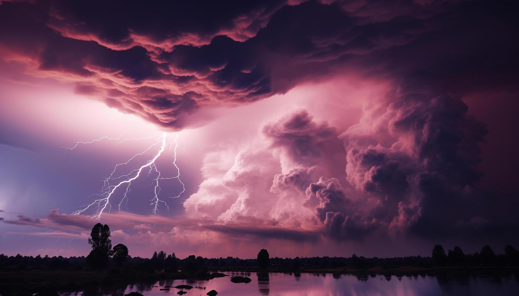 AI generated Dramatic sky, dark night, thunderstorm, majestic mountains, wet grass generated by AI photo
