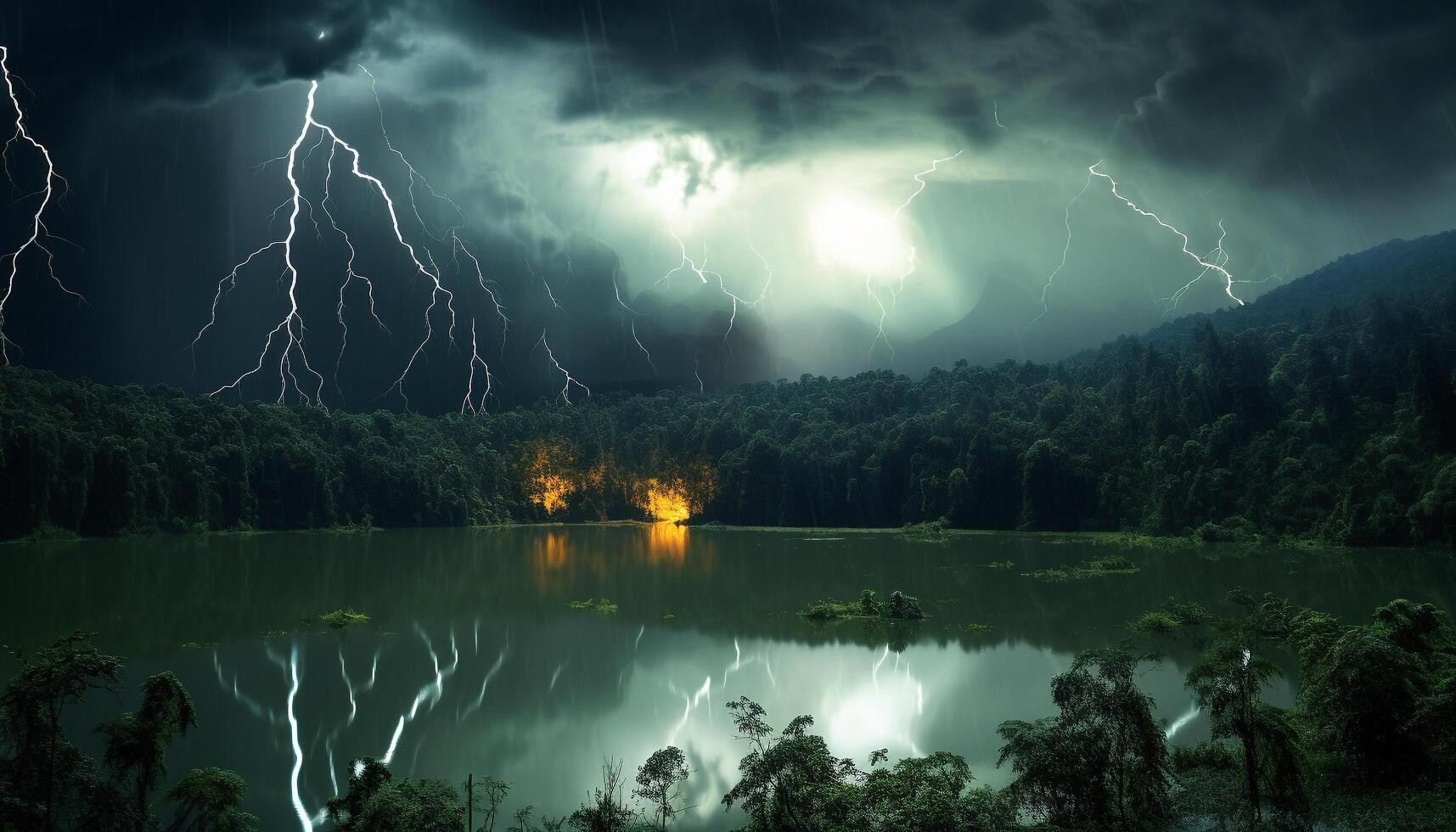 AI generated Dramatic sky, dark night, thunderstorm, majestic mountains, wet grass generated by AI photo