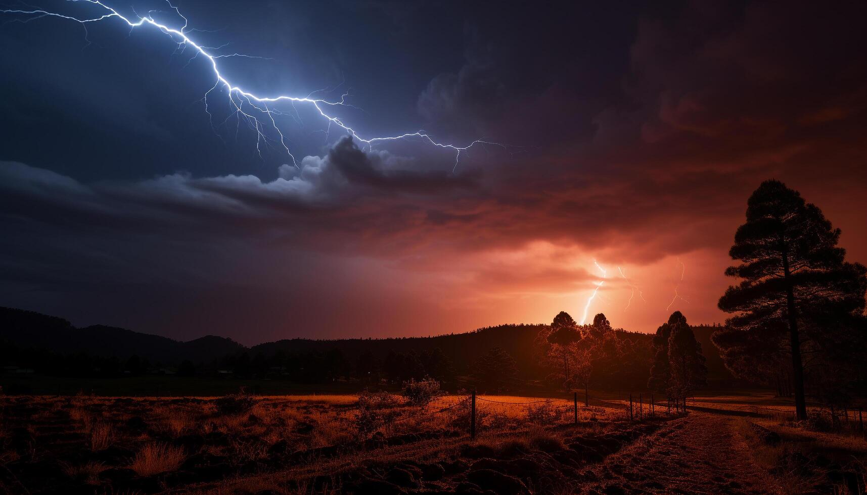 AI generated Dramatic sky, dark night, thunderstorm, majestic mountains, wet grass generated by AI photo