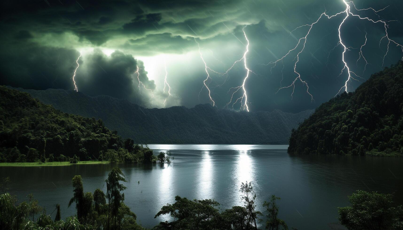 AI generated Dramatic sky, dark night, thunderstorm, majestic mountains, wet grass generated by AI photo