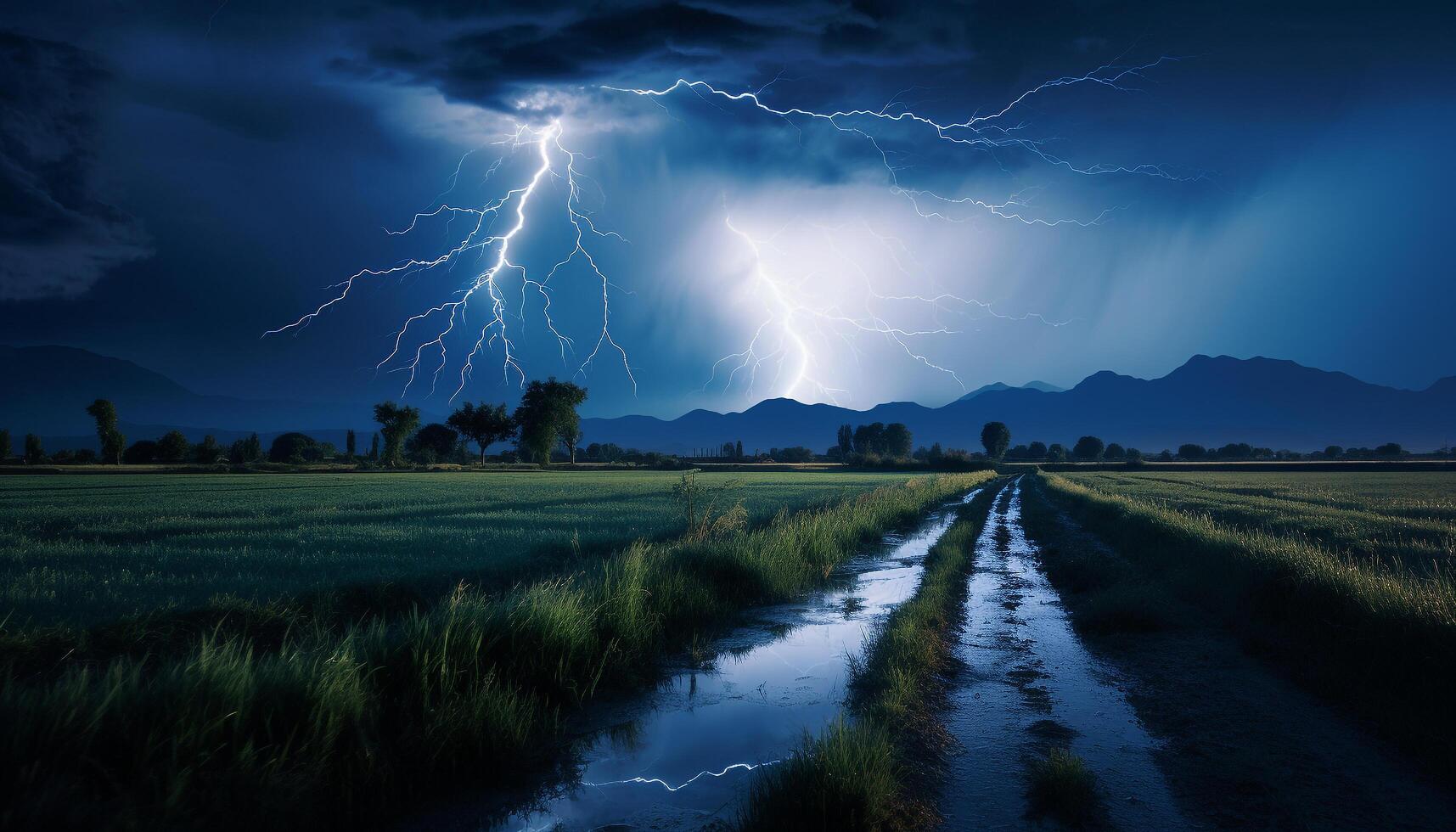 AI generated Dramatic sky, dark night, thunderstorm, majestic mountains, wet grass generated by AI photo