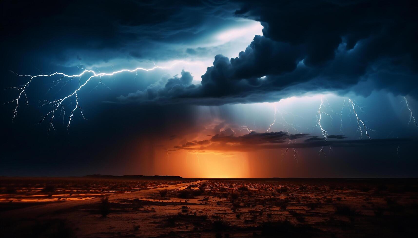 AI generated Dramatic sky, dark night, thunderstorm, majestic mountains, wet grass generated by AI photo