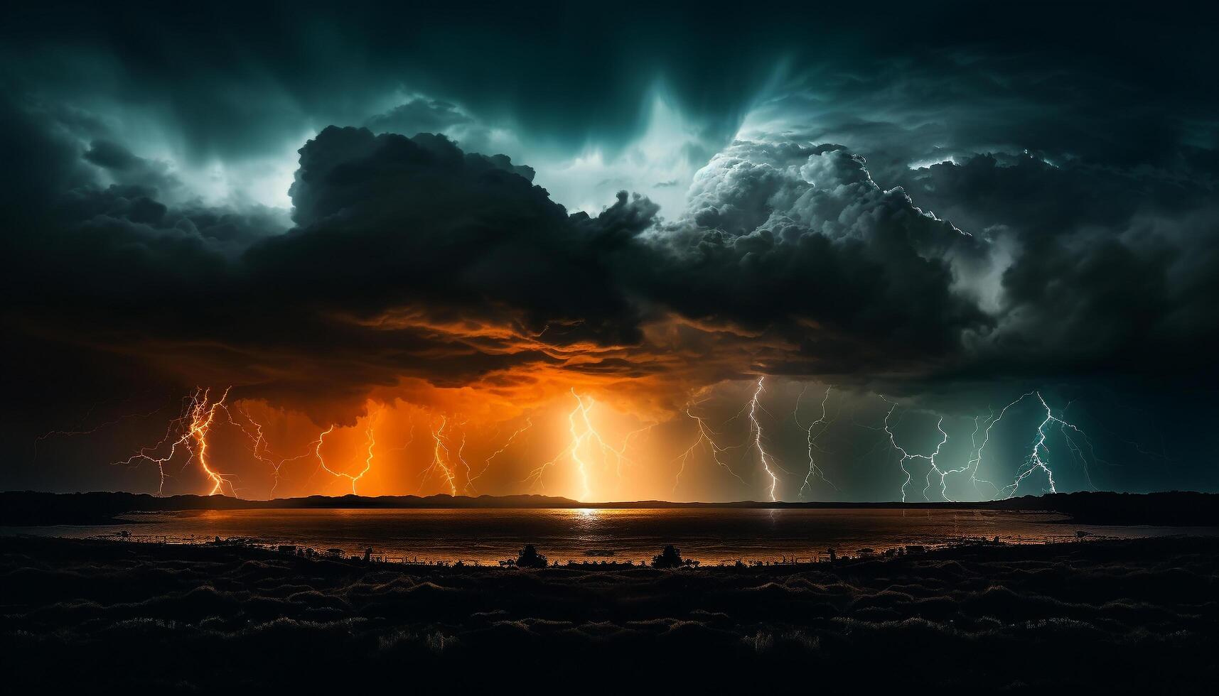 AI generated Dramatic sky, dark night, thunderstorm, majestic mountains, wet grass generated by AI photo
