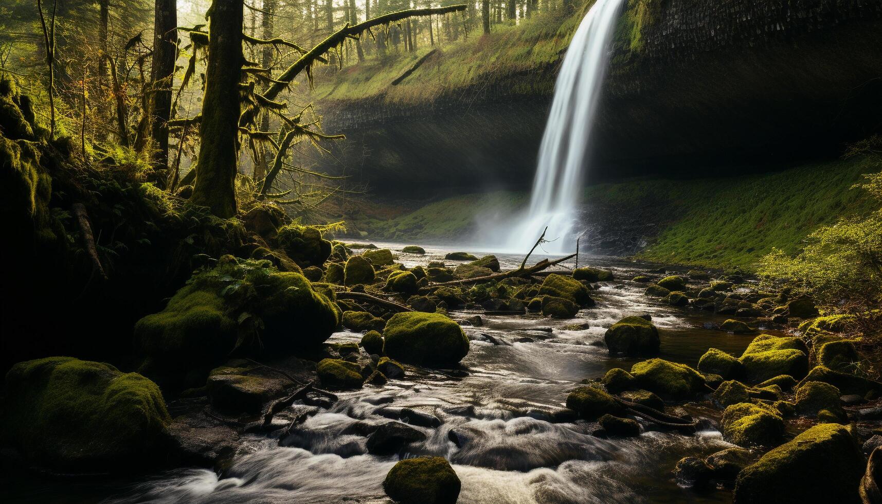 AI generated Majestic mountain range, flowing water, tranquil scene, nature beauty generated by AI photo