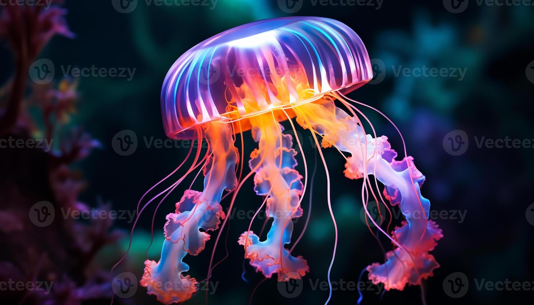 AI generated Vibrant clown fish swim below the colorful coral reef generated by AI photo
