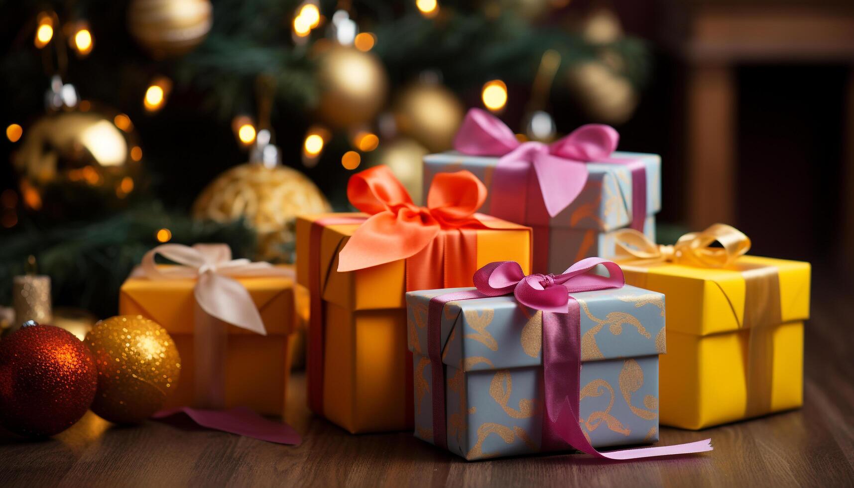 AI generated A stack of shiny gift boxes, vibrant decorations for celebration generated by AI photo