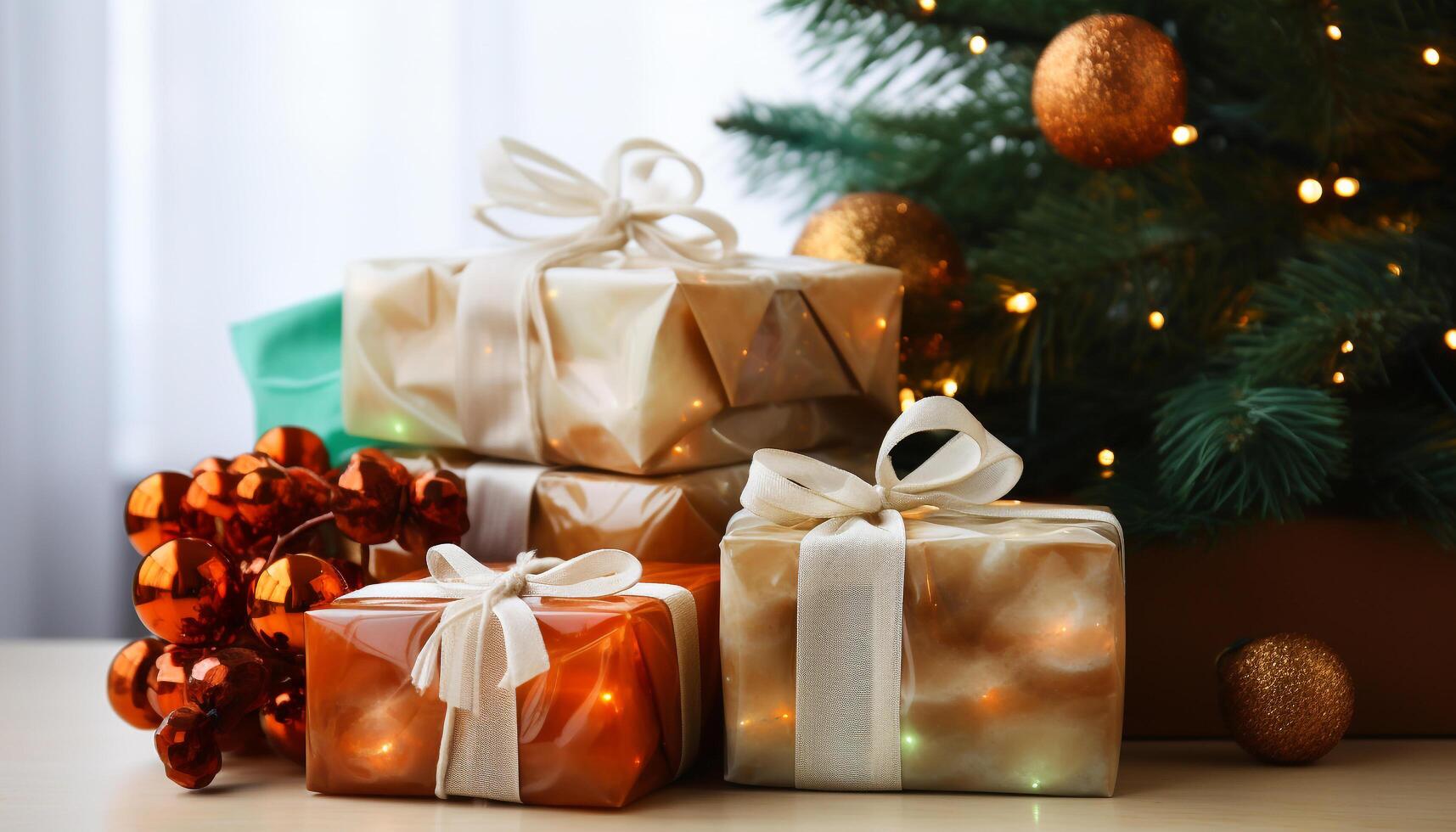 AI generated A stack of shiny gift boxes, vibrant decorations for celebration generated by AI photo