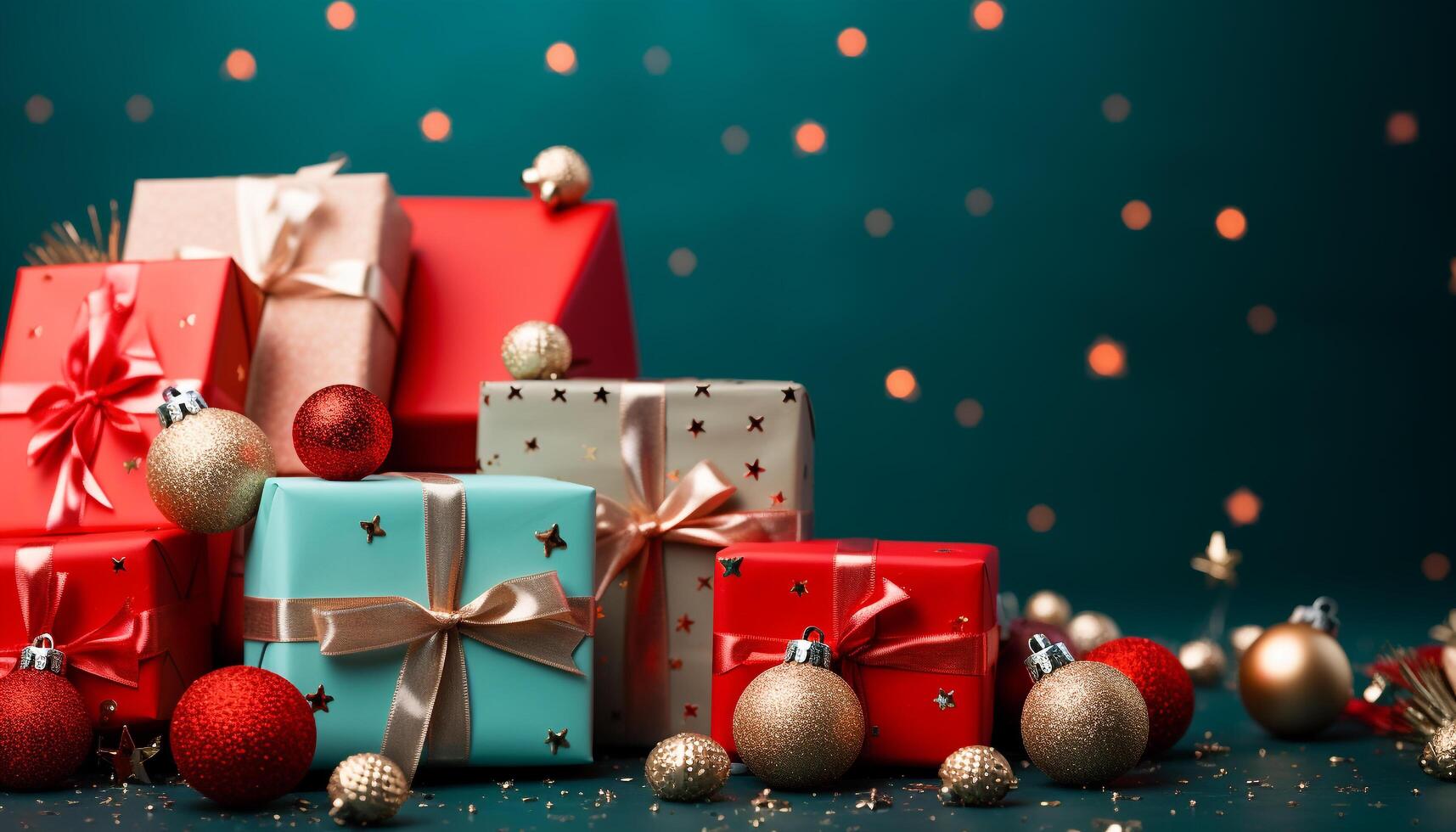 AI generated A stack of shiny gift boxes, vibrant decorations for celebration generated by AI photo