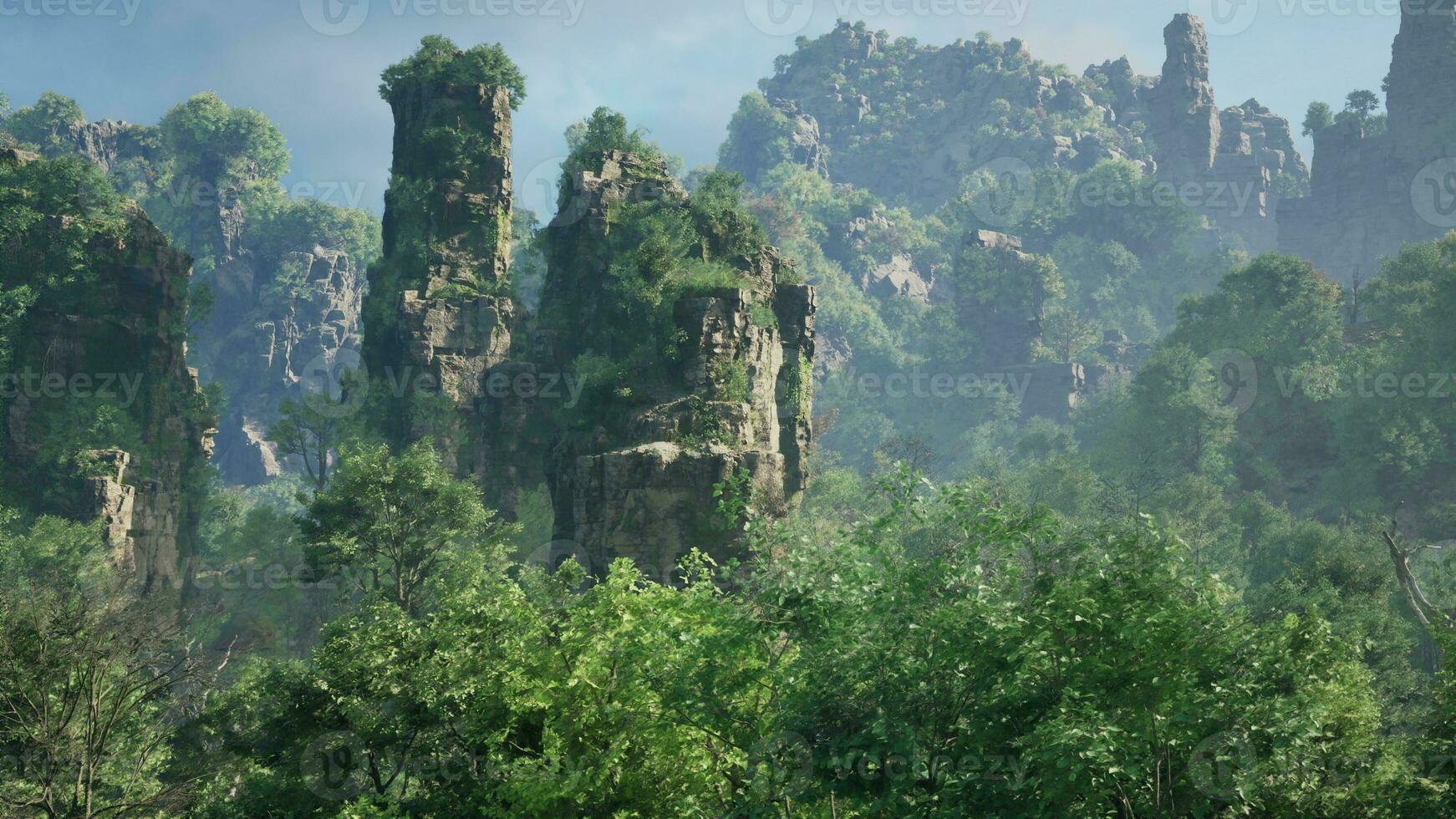 A dense forest with towering rocks and majestic trees photo