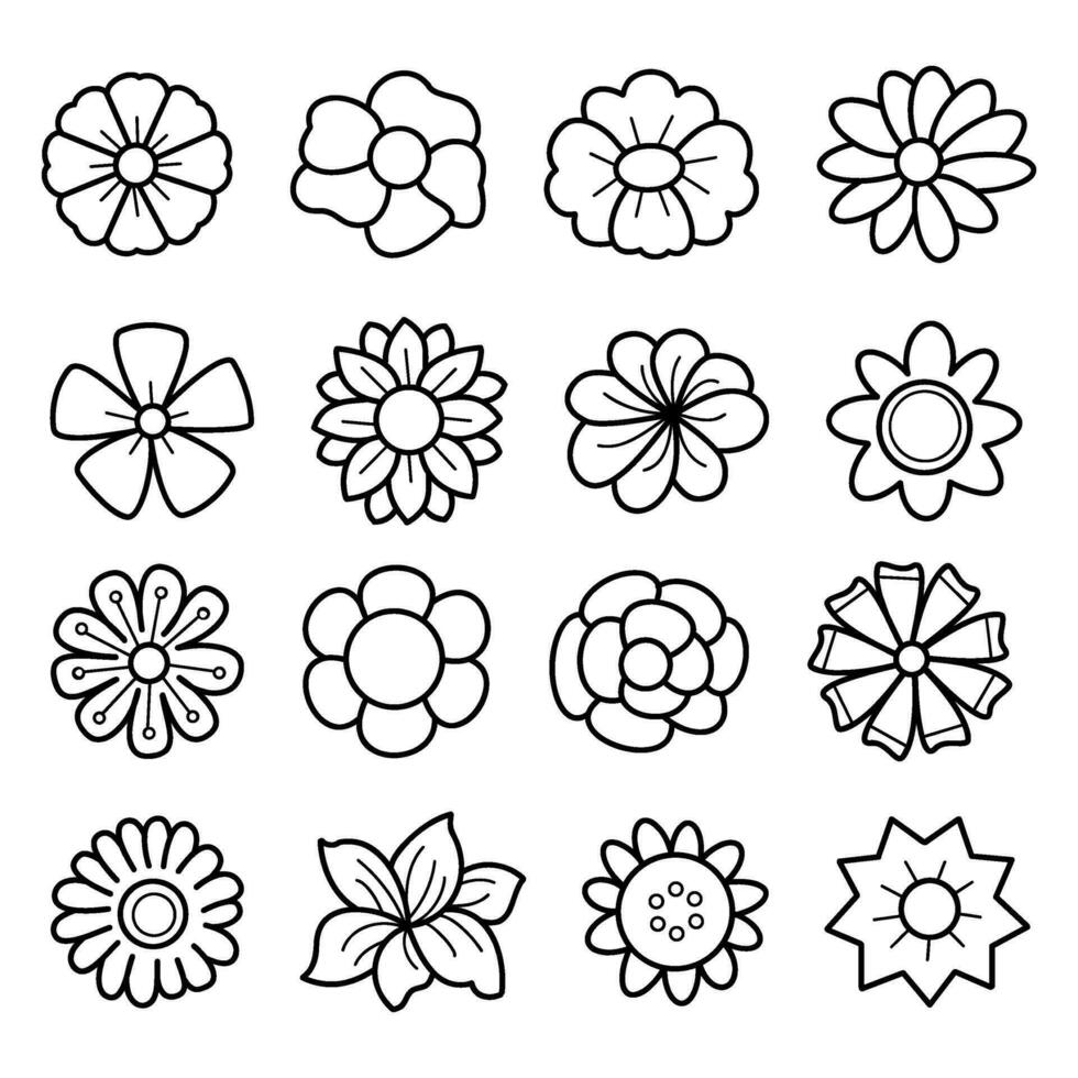 Set of flower icons ,flat hand drawn vector on white background ,black outline and borderlines, ornament icon collection, vector illustration.