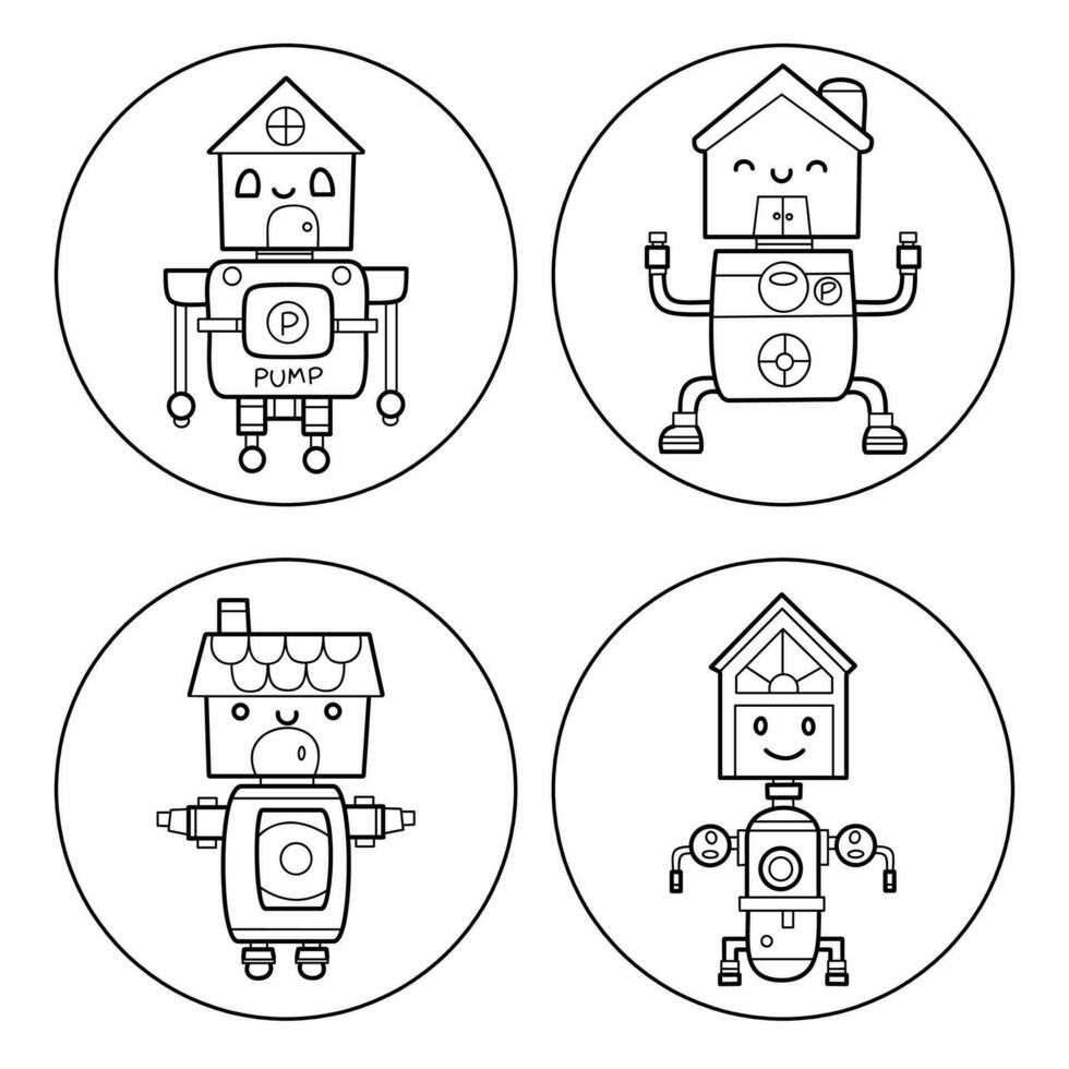 Character mascots for geothermal heat pumps, flat design cartoon robots, idea from house and pump system, thin outlines vector illustration.