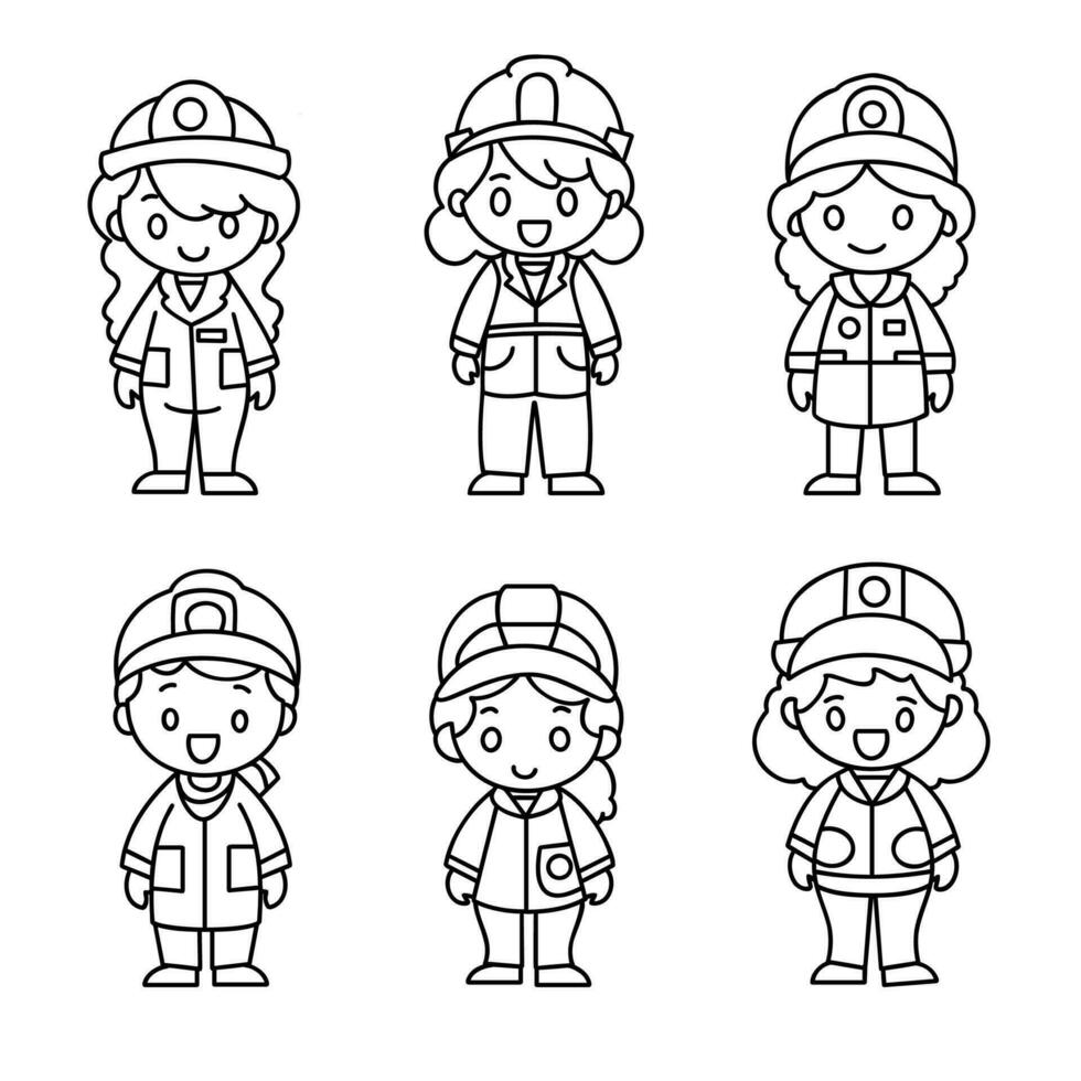 Cute women characters in various outfits, girls in cute uniforms, thin line art, hand drawn vector illustration, black and white style.