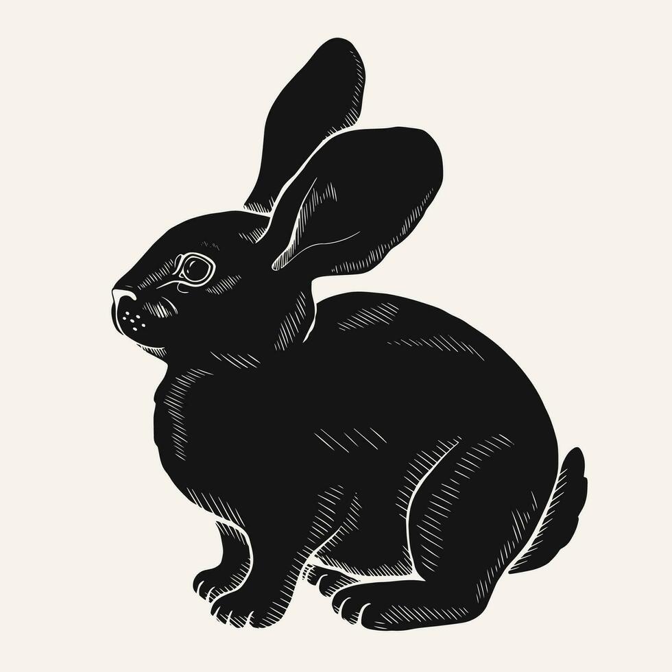 Hand drawn graphic black bunny silhouette. Vector monochrome illustration.