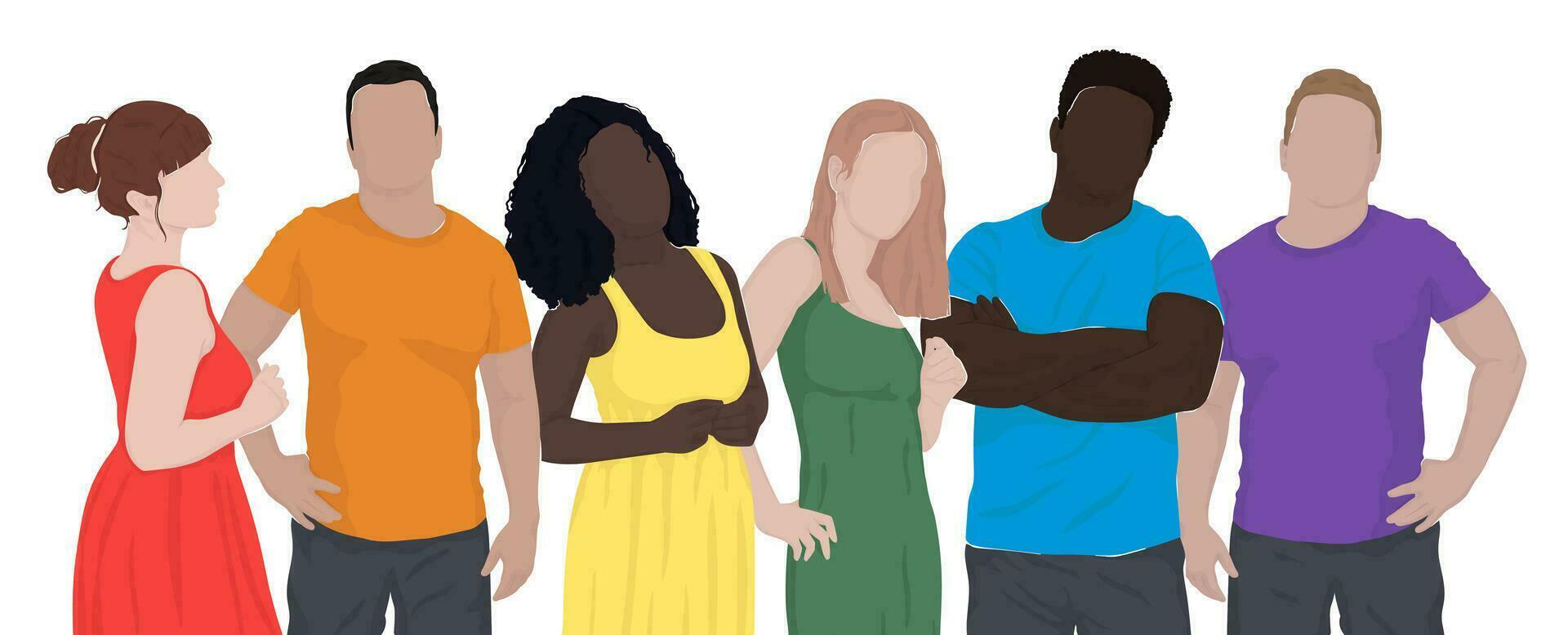 set of drawn diverse people from different ethnic groups in rainbow-colored clothes. LGBT community. Human rights. LGBTQ. Vector Flat illustration, pride month.