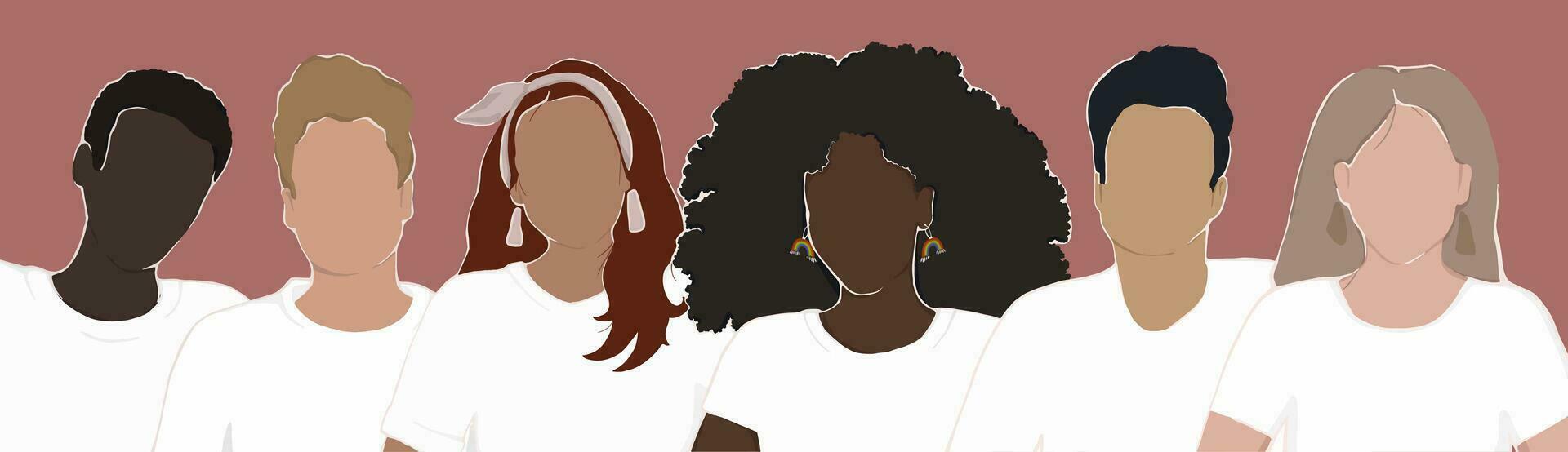 a group of diverse people from different ethnic groups are standing together wearing white T-shirts. all people are equal. vector flat illustration. a big set.