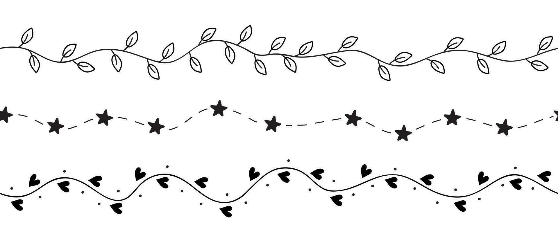 Hearts, stars and leaves seamless brush. Hand drawn doodle vector