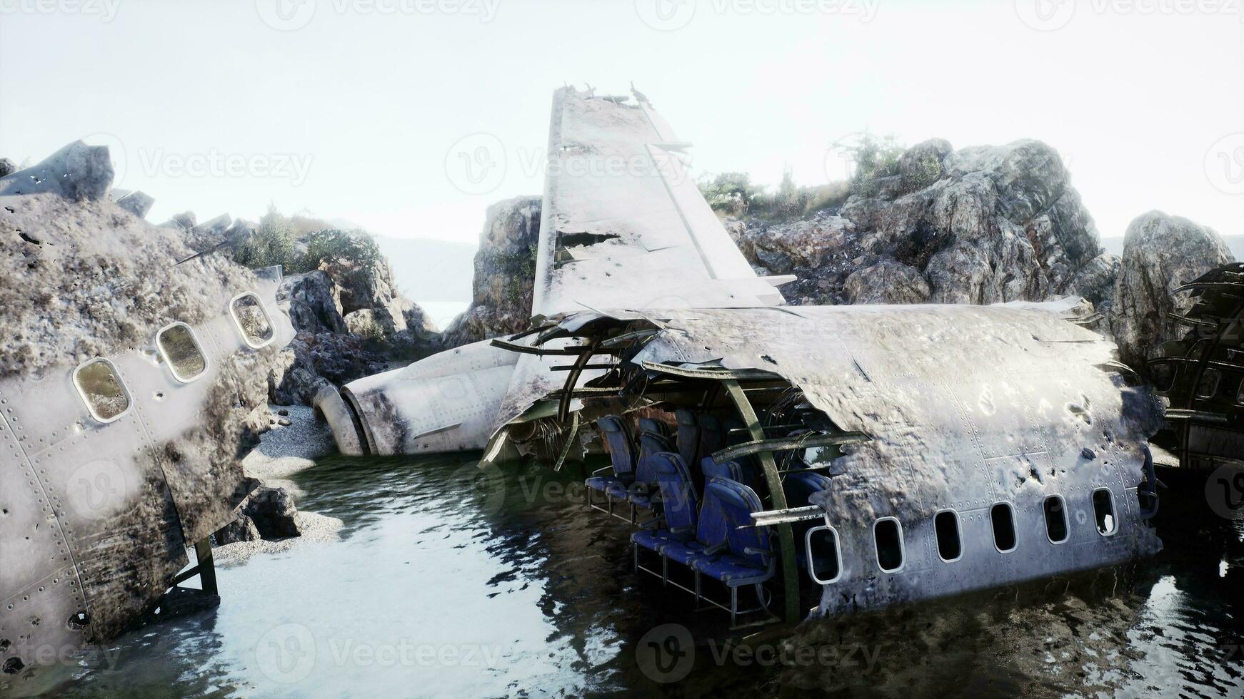 Plane wreck on the beach with rocks near ocean photo