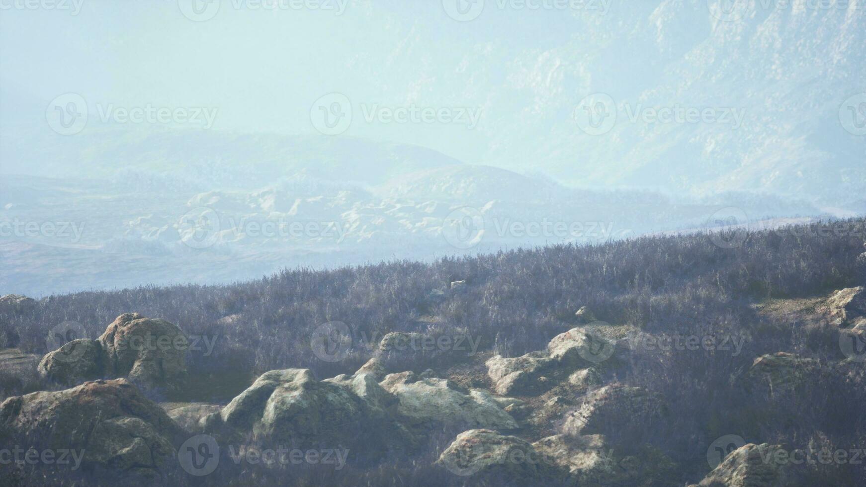 incredible image of a rocky landscape with grass and fog photo