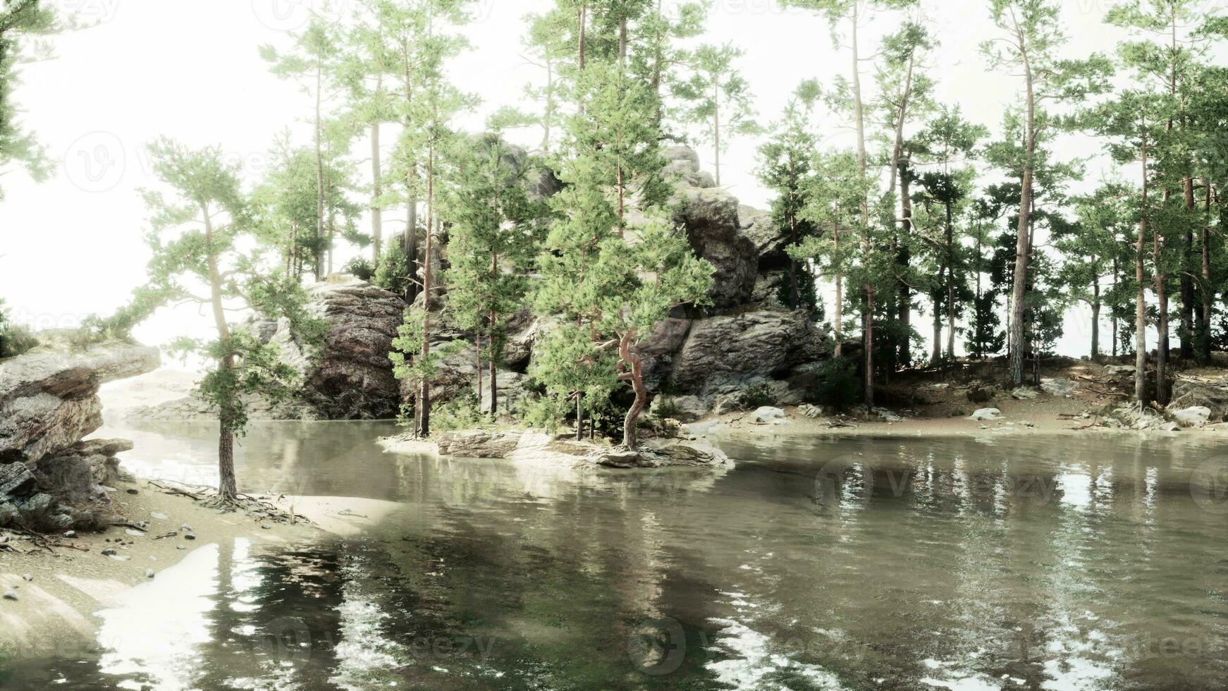 sereno montaña refugio, con un espumoso lago y verde follaje foto
