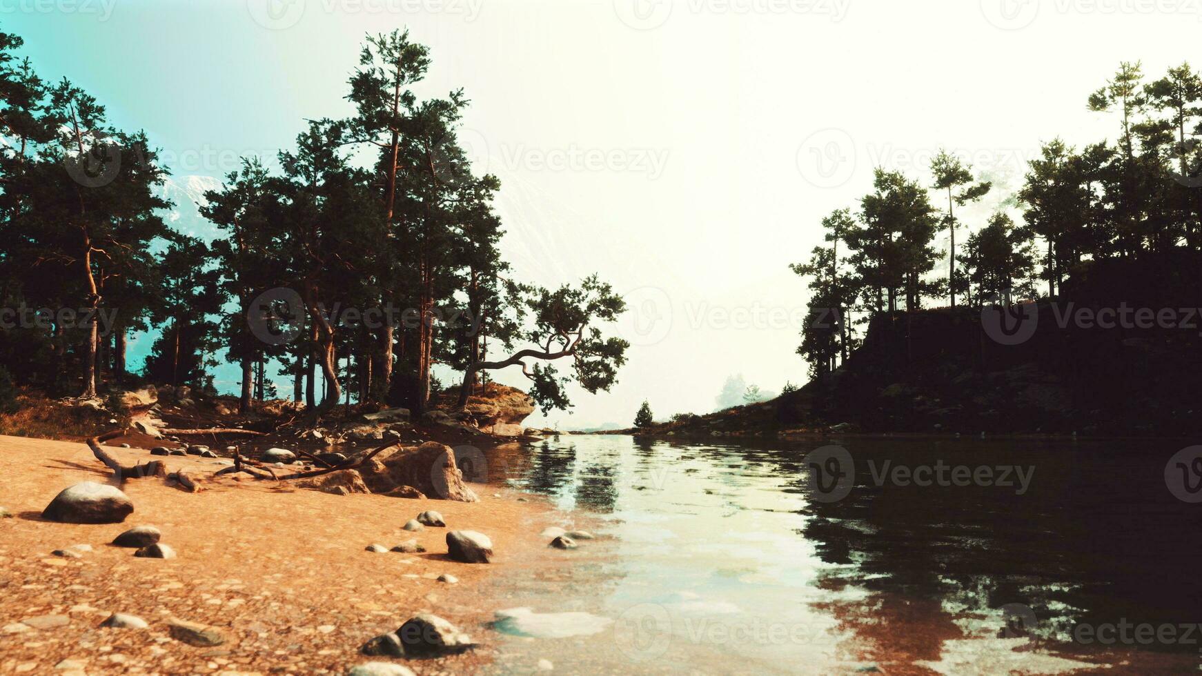 tranquil mountain paradise, with a picturesque lake and fragrant pine trees photo