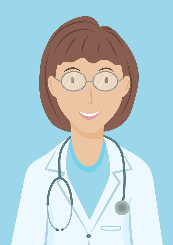 un hembra médico en un blanco Saco con un estetoscopio en un azul antecedentes. plano vector ilustración