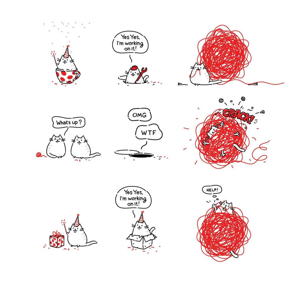 Adventures of the cat. Error 404. Cat and coil of wool. The kitty is playing. Vector objects isolated on white background. Design of seal for printing and web. Logo, mascot for the site. Pattern.