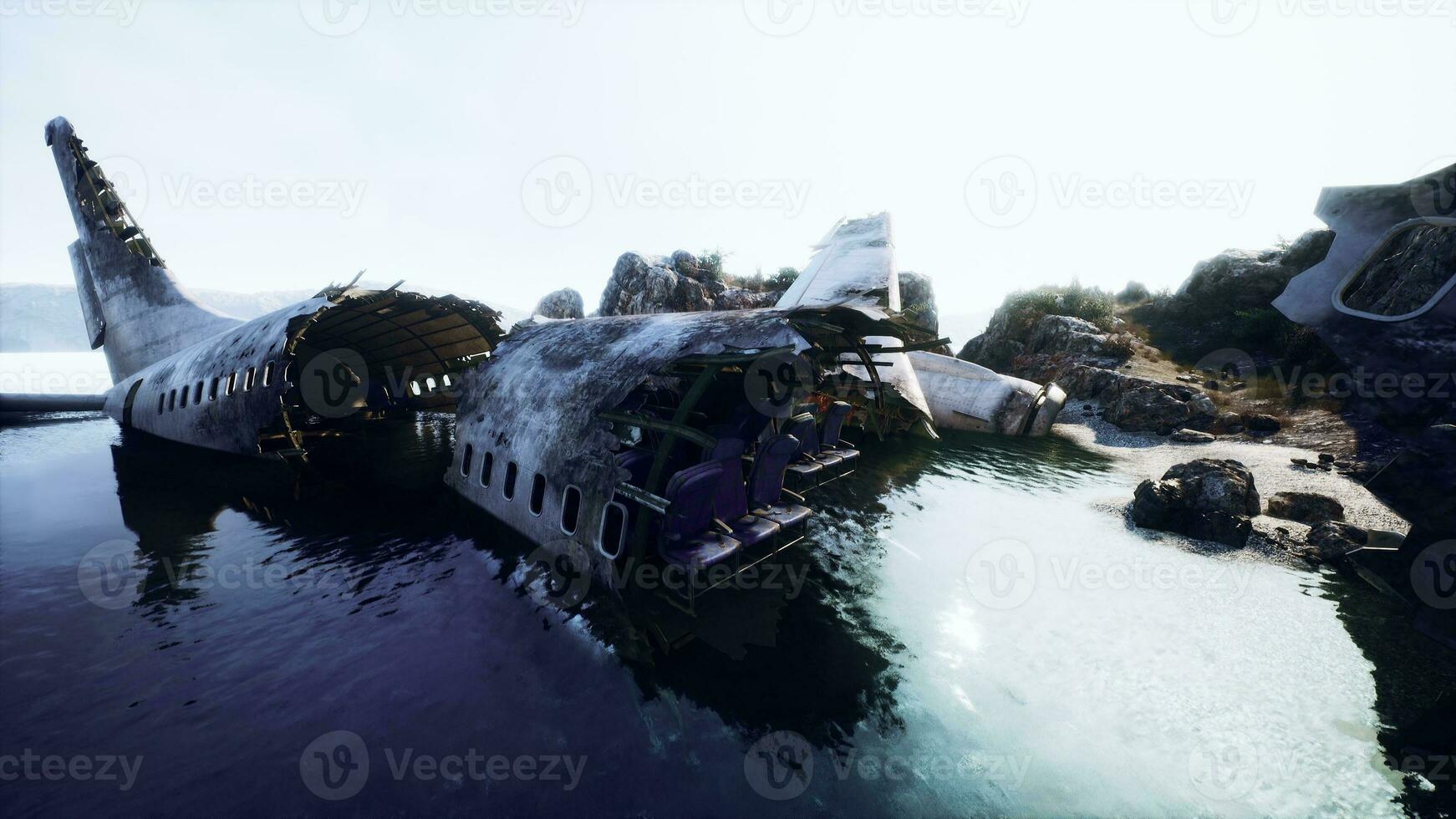 Destroyed airplane on rocky island cliffside photo
