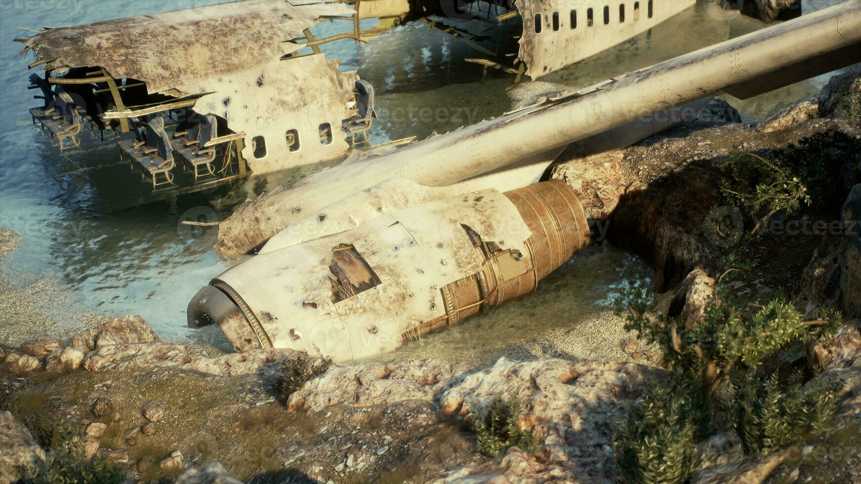 Rusty aircraft on rocky island cliff face photo