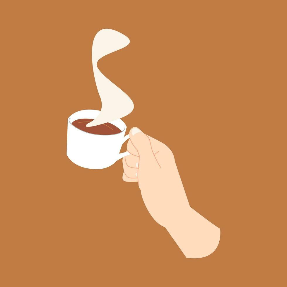 person hand holding a cup of hot coffee. isolated on brown background. breakfast, drink, coffee lover, coffee shop. flat vector illustration.