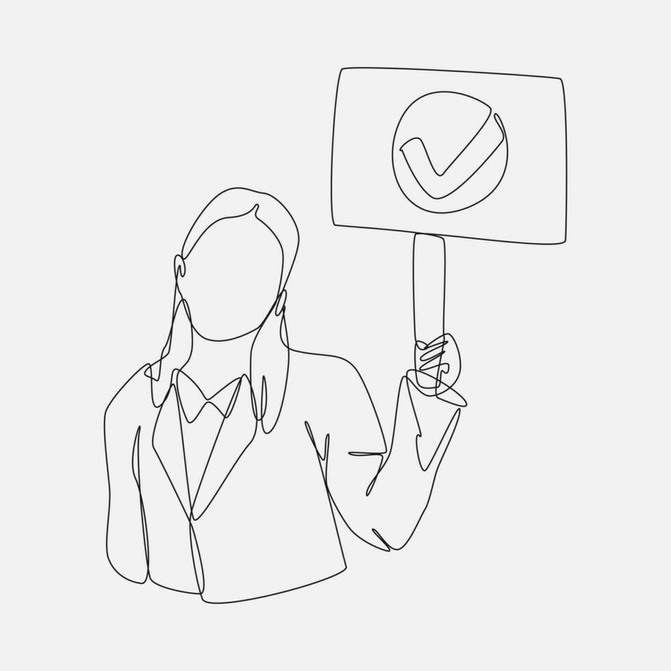 woman in formal clothes holding a board with a checklist in it on a wooden stick. continuous one line drawing style. editable stroke. vector illustration.